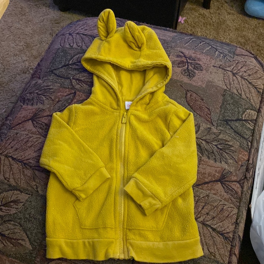 6-9 month mustard yellow zip up hooded sweatshirt with animal ears on hood